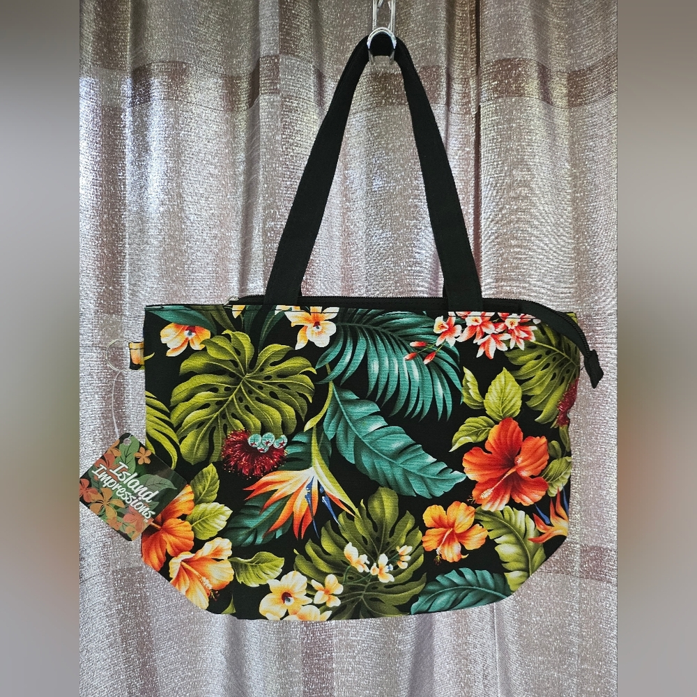 KC Hawaii Tropical Small Tote, Hawaii, Flowers, Black, Multicolor, NWT
